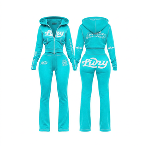 Conjunto Deportivo de Mujer con Capucha, Sudadera con Cierre y Mangas Largas, Pantalones de Poliéster Tejido con Estampado de Letras Azules, Ropa de Otoño - Product Image 1