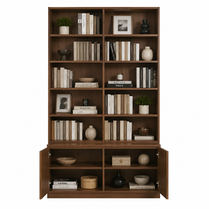Double Column Teak <b>Wood</b> <b>Bookcase</b> Large Office Storage Shelf with Doors - Product Image 1