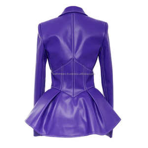 Chaqueta de motorista de cuero estilo Peplum morado, viscosa transpirable, cierre de cremallera, cuello de solapa, manga larga, cintura alta, elegante, ajustado - Product Image 2