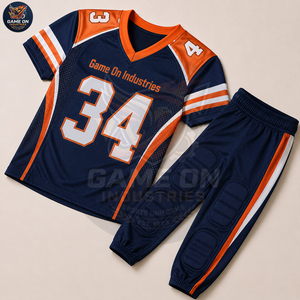 Private Label Navy Blue & Orange Custom American Football Game Uniform OEM ODM High Quality Jersey With Padded Football Pants - Product Image 4