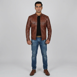 Custom Made Man's Stylish Brown Genuine Leather Vintage Style <b>Jacket</b> Breathable Fabric ODM Service Collar Shirt Cuffs Open Hem - Product Image 1