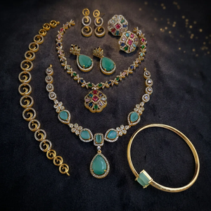 Elegant Brass Set Multicolor Gemstone Pendant Necklace Gold Plated Bangle Bracelet <b>Stud</b> <b>Earrings</b> Flower Design for Women - Product Image 3