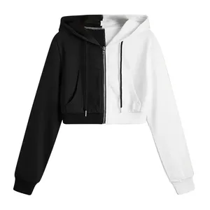 Sudadera con Capucha Corta Asimétrica para Mujer, con Bloques de Color, Cortavientos, con Cierre, de Manga Larga, Tejida en Algodón, para Otoño e Invierno - Product Image 3
