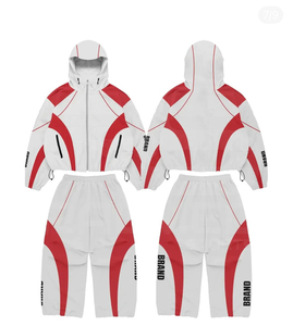 Hooded <b>Jacket</b> and Trouser Red <b>White</b> Color Blocking Zipper Front Loose Fit Streetwear Winter Full Sleeve Windbreaker Tracksuit - Product Image 4