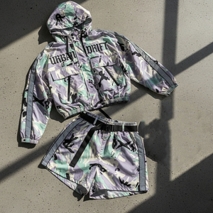Custom Two-Piece <b>Women's</b> Streetwear Track Suit Windbreaker Short <b>Jacket</b> Set 100% Cotton Breathable Patchwork Zip Nylon Polyester - Product Image 2
