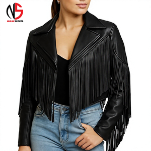 Veste en cuir véritable noire pour homme, imperméable et respirante, avec franges à pompons, col rabattu, style moto, veste courte, vêtements d'hiver - Product Image 1