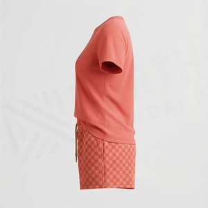 Women's 2 Piece Shorts Set Solid <b>Coral</b> T Shirt and Checkered Above Knee Shorts Casual Spring Summer Wear - Product Image 3