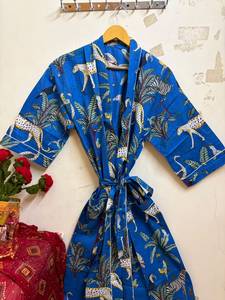Bata Kimono de Algodón con Estampado Floral para Mujer, Ligera, Cuello en V, Cierre con Cordón, Largo hasta el Tobillo, Manga 3/4, Transpirable, de Lujo - Product Image 1