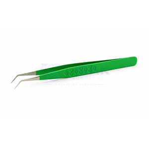 Pinzas de precisión para pestañas, pinzas con mango verde, punta en ángulo de 45 grados, pinzas de superficie lisa - Product Image 1