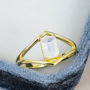 Emerald Cut Moonstone <b>Statement</b> <b>Ring</b> Solid 925 Sterling Silver Yellow Gold Plated Prong Set Geometric Band Minimalist <b>Women</b> <b>Ring</b> - Product Image 1