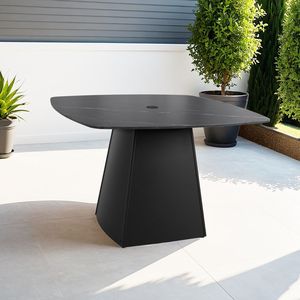 Mesa de Comedor Moderna con Base de Pedestal y Tapa de Piedra Sinterizada Negra de 44 Pulgadas, Muebles de Patio para Exteriores con Base de Aluminio en Forma de Pirámide - Product Image 1