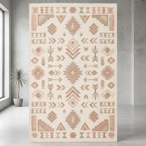 Tapis Kilim Élégant en Laine Tissée à la Main, Couleur Crème Rose Pastel, Style Tribal Sud-Ouest, Couleur Unie, Antidérapant, en Toile de Coton - Product Image 1