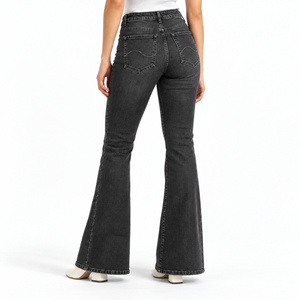 Jean en denim taille haute coupe bootcut pour femme avec poches ondulées et broderies – Noir délavé, écologique, été, vente en gros ODM - Product Image 3