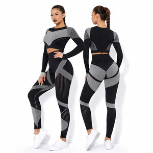 Conjunto Deportivo Personalizado para Mujer, Top Corto Sin Costuras de Manga Larga y Leggings de Cintura Alta, Bloques de Color, Compresión, Yoga, Gimnasio, Ropa Deportiva - Product Image 1