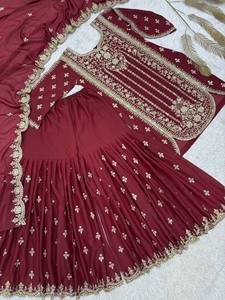 Ensemble Salwar Kameez en Georgette Brodé Étoiles Marron avec Dupatta – Tenue Traditionnelle Indienne et Pakistanaise pour Femme, Coupe Droite, Longueur au Sol, Idéal Mariage - Product Image 5