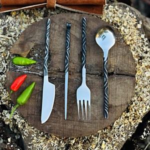 Hand Forged Viking Carbon Steel Cutlery Set Twisted Handle High Polish Finish Fork Spoon Eco-Friendly Dishwasher Safe <b>Kitchen</b> - Product Image 2