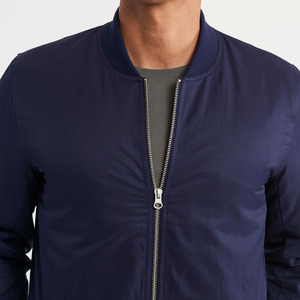 Men's Navy Blue Bomber Jacket Solid Color Stand Collar Zipper Closure Casual Autumn Wear Regular Fit Polyester Material - Product Image 6