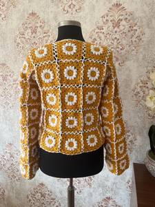Women's <b>Crocheted</b> Yellow <b>White</b> Floral <b>Cardigan</b> V Neck Full Sleeve Vintage Spring Medium Length Button Closure - Product Image 4