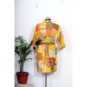 Kimono Vintage Orgánico 100% Algodón Puro Kantha Acolchado Hecho a Mano con Parches Indios y Cinturón - Product Image 6