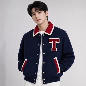 New Arrivals Men's Navy Varsity Jacket Front <b>Red</b> T Applique Embroidered Patch Soft <b>Wool</b> Fit Custom Color Premium Windproof - Product Image 3