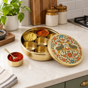 Elegant Dear Printed Design Brass Masala Dabba Spice <b>Box</b> <b>with</b> Floral Engraved <b>Lid</b> Handmade Kitchen Storage Container - Product Image 3