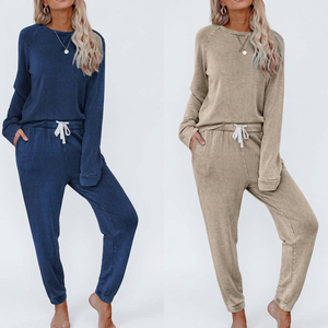 Ensemble de survêtement pour femme, couleur unie, manches longues, col rond, pantalon à cordon de serrage, coupe décontractée, tenue d'automne, longueur intégrale avec poche latérale - Product Image 6