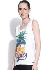 Camiseta sin mangas con estampado de piña para mujer, cuello redondo, informal, 100% algodón, transpirable, diseño de logotipo en la parte delantera - Product Image 3