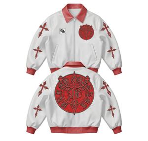 <b>White</b> Pu Bomber <b>Jacket</b> With Red Cross Embroidery And Logo Patch Streetwear <b>Men</b> Autumn Zipper Front Turn-down Collar - Product Image 3