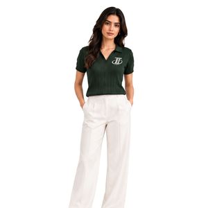 Elegant <b>Womens</b> Dark Green Ribbed Knit <b>Polo</b> <b>Shirt</b> with Embroidered Logo and <b>White</b> Wide Leg Trousers Smart Casual Office OutfitSet - Product Image 1