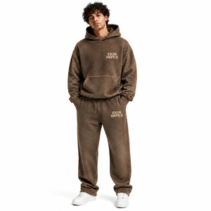 Ensemble de survêtement minimaliste pour homme en molleton de coton délavé de haute qualité, marron, en coton French Terry, avec logo décontracté, vêtements de sport décontractés - Product Image 1