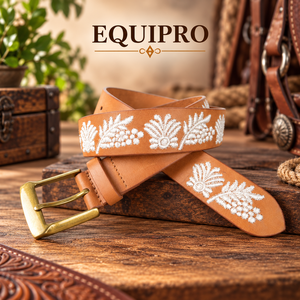 Ceinture Polo en Cuir Brodé Rayé Equipro avec Boucle en Alliage à Cadre Carré, Style Décontracté, Robuste, Largeur 3,5 cm, Longueur 110 cm, Moulage Monobloc - Product Image 2