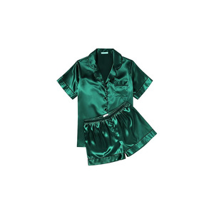 Conjunto de Shorts de Satén Casual de 2 Piezas para Mujer, Manga Corta, Cuello Camisero, Verde Sólido, Ligero, 100% Seda, Personalizable, Elegante - Product Image 1