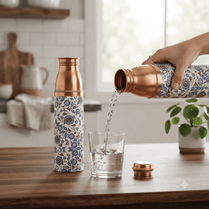 Botella de Agua de Cobre Hecha a Mano con Patrón de Cuatro Hojas Doradas, Tapa de Rosca Hermética, Frasco Ayurvédico para Bienestar, Regalo de Viaje - Product Image 4