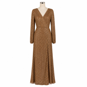Robe de soirée de luxe pour femmes en sequins dorés |   Robe de soirée longue à col en V profond et manches longues |   Robe de soirée élégante pour invitées de mariage ou de bal - Product Image 1