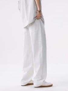<b>Men's</b> <b>White</b> Cotton Oxford Casual Pants Straight Fit Mid Waist Button Closure Lightweight Breathable Summer Wear - Product Image 6