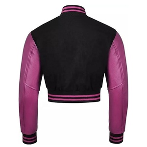 Chaqueta Varsity Corta Transpirable para Mujer Tallas Grandes con Logo Personalizado Bordado y Mangas de Cuero, Cuello Alto Corto - Product Image 2