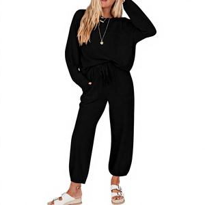 <b>Women</b> Oversized Solid Color <b>Knitted</b> Sweatshirt And <b>Joggers</b> Set Full Sleeve Autumn Wear Breathable Casual Outfit - Product Image 3
