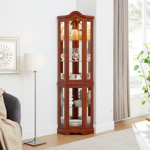 Vetrina Angolare in Noce con Ripiani in Vetro Temperato Regolabili, Specchio e Luci Posteriori Non Incluse, Vetrine e Armadietti per Porcellana - Product Image 1
