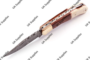 มีดพับคุณภาพสูงเหล็กดามัสกัสสำหรับแคมป์ปิ้ง ใบมีดแบบคลิปพอยต์ ด้ามทำจากกระดูกอูฐและไม้พะยูง ขายส่งแบบ OEM - Product Image 3