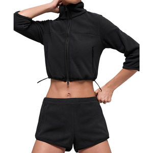 Private Label Polar Fleece Cropped <b>Jacket</b> Shorts Set Women 2 piece set Cozy Winter Lounge Set Polyester Fleece Custom OEM - Product Image 4