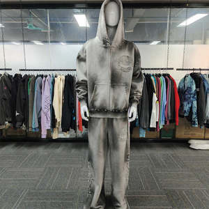 Custom Men Baggy Casual comfort Streetwear Graphics Printing Set <b>Long</b> Sleeve Men's Zip Distressed Acidic Washed Hoodie Tracksuit - Product Image 5
