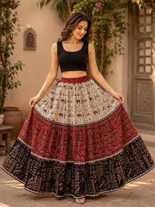 Black <b>Red</b> White Printed Cotton <b>Lehenga</b> Floor Length Loose Fit Women Ethnic Bottomwear India Pakistan Party Wear - Product Image 3