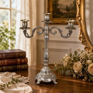 Antique Silver Candelabra 5 Arms Decorative Home <b>Lighting</b> Ornament 44cm Height Heat Resistant Durable Design - Product Image 4