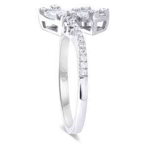 Anillo de compromiso de plata de ley con circonita cúbica talla baguette estilo Toi et Moi de vástago abierto con pavé para mujer - Product Image 5