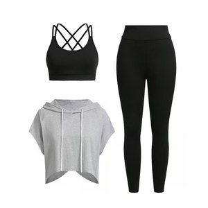 Athletic 3pcs Set Hooded T Shirt And Tight Yoga Outfit Women High Waist Butt Lifting <b>Leggings</b> Set In Unique Style - Product Image 3