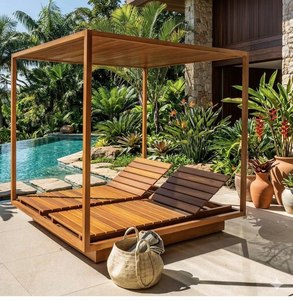Chaise longue moderne en teck avec auvent, résistante aux UV, pour extérieur, patio et bord de piscine - Product Image 1