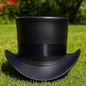 Premium quality custom Handmade Black Leather <b>Top</b> Hat with blue Lining Steampunk Gothic Cosplay - Product Image 1