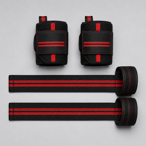 Adjustable Neoprene Wrist <b>Support</b> Straps Hook & Loop Closure Lightweight Non-Slip Weight Lifting Combo Set Black Red Stripe - Product Image 3