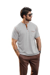 Camiseta Henley de manga corta para hombre, color gris jaspeado, con ribete en contraste y bolsillo en el pecho, estilo casual, corte regular, tejido de algodón. - Product Image 6
