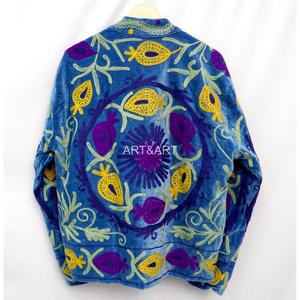Chaqueta de terciopelo azul bordada a mano para mujer, con cuello chal floral, manga larga, abrigo de otoño con frente abierto - Product Image 5